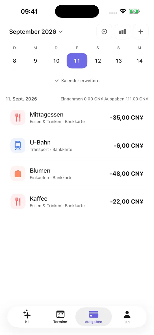 Einnahmen und Ausgaben nach Tag