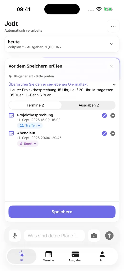 Mehrere Termine und Ausgaben aus einem Satz, bereit zur Prüfung