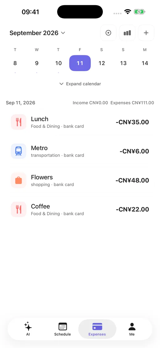JotIt expenses screen: spending grouped by date with category tags