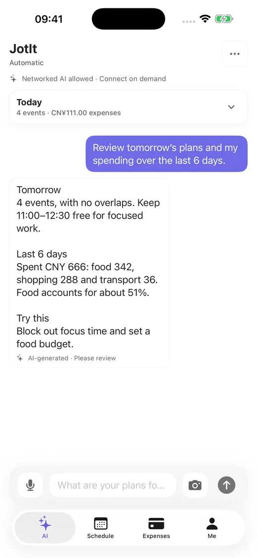 JotIt AI chat answering questions about this week's plans and last month's dining spend