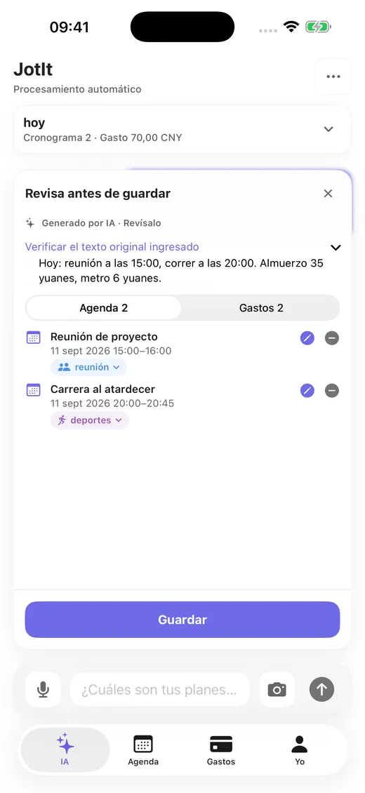 Varios eventos y gastos extraídos de una frase, listos para revisar