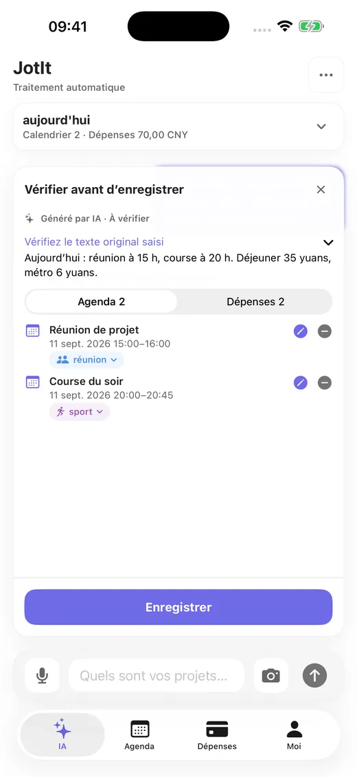Plusieurs rendez-vous et dépenses extraits d’une phrase, à vérifier