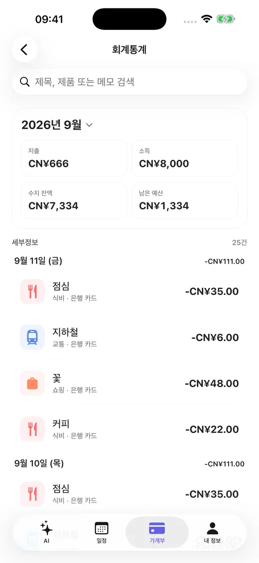 월간 수입·지출과 분류 합계