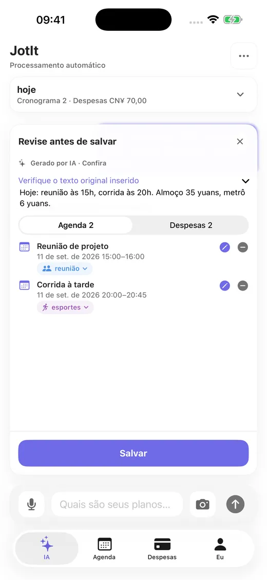 Vários compromissos e gastos extraídos de uma frase, prontos para conferir