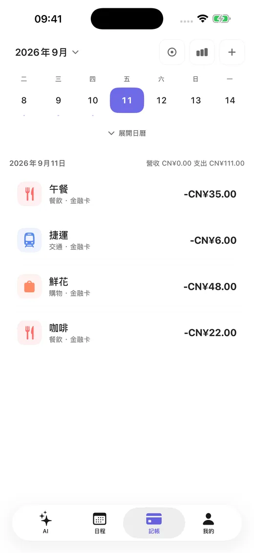 依日期分組的收支明細